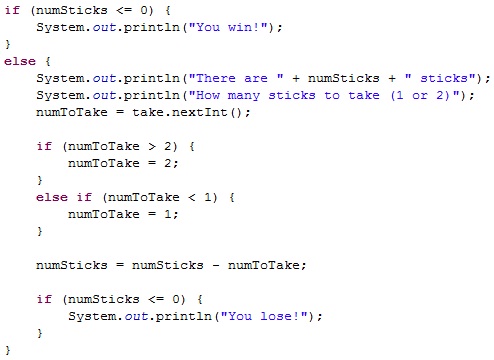 ... 21 Sticks Fun Java Game Example and return to Beginning Java Tutorials